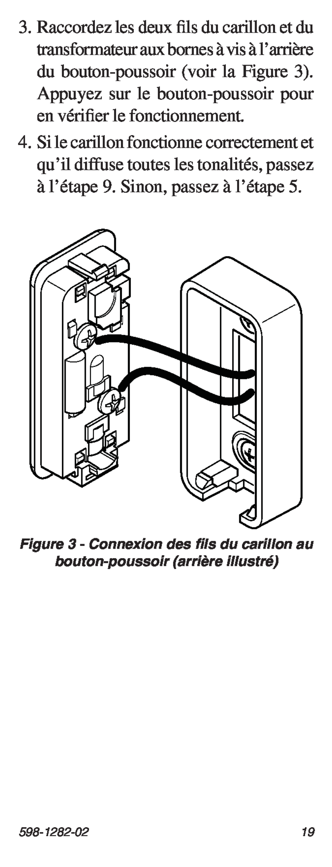Heath Zenith 598-1282-02 manual Connexion des fils du carillon au, bouton-poussoirarrière illustré 