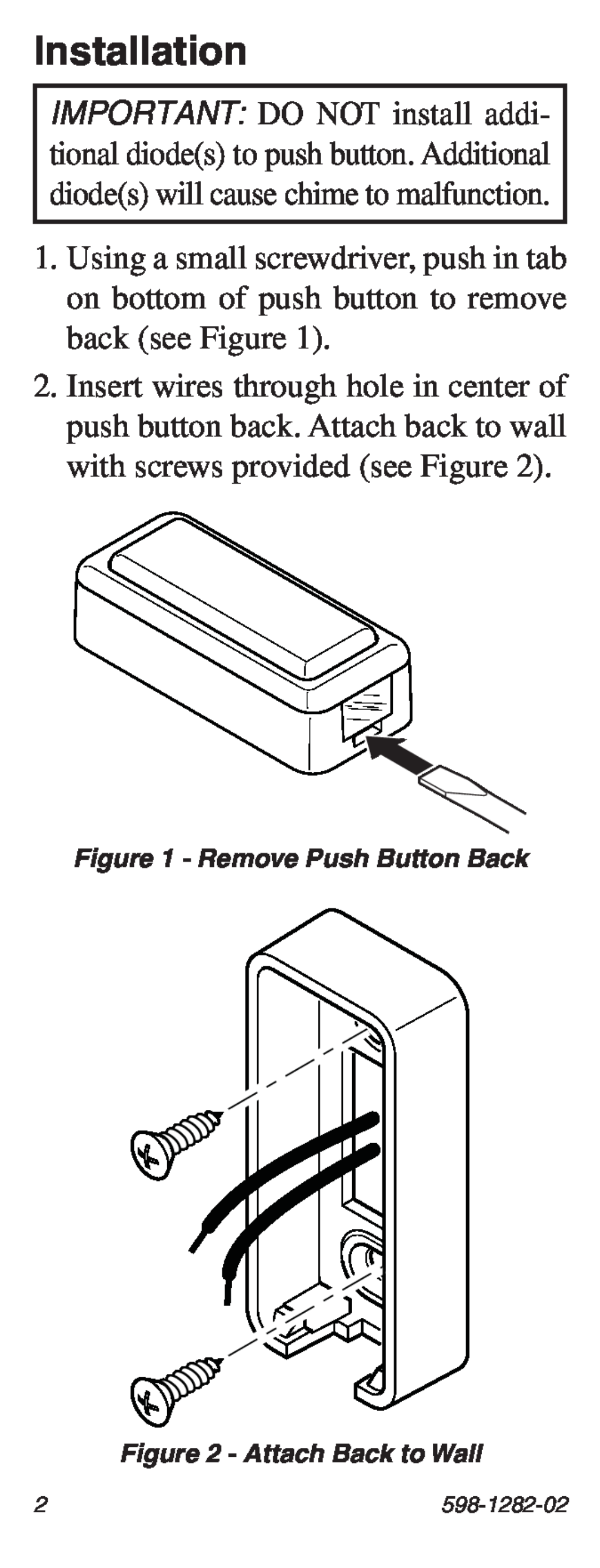 Heath Zenith 598-1282-02 manual Installation, Remove Push Button Back, Attach Back to Wall 