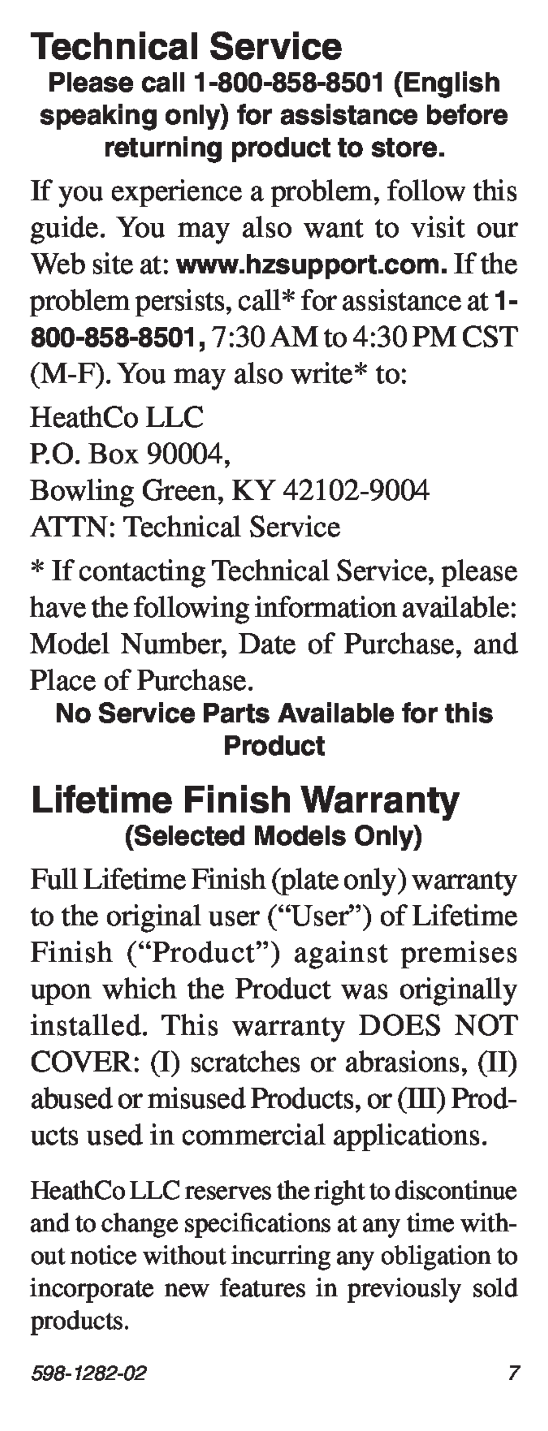 Heath Zenith 598-1282-02 manual Technical Service, Lifetime Finish Warranty 