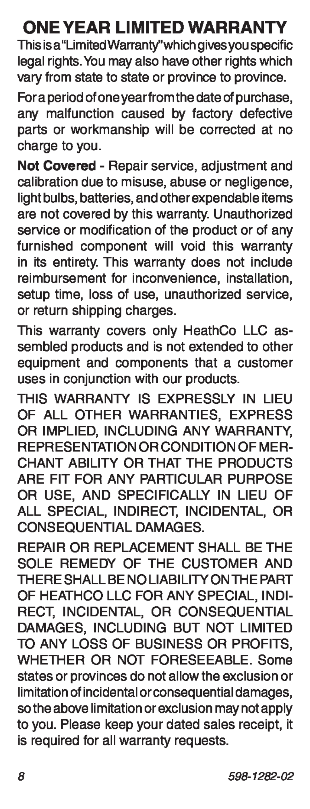 Heath Zenith 598-1282-02 manual One Year Limited Warranty 