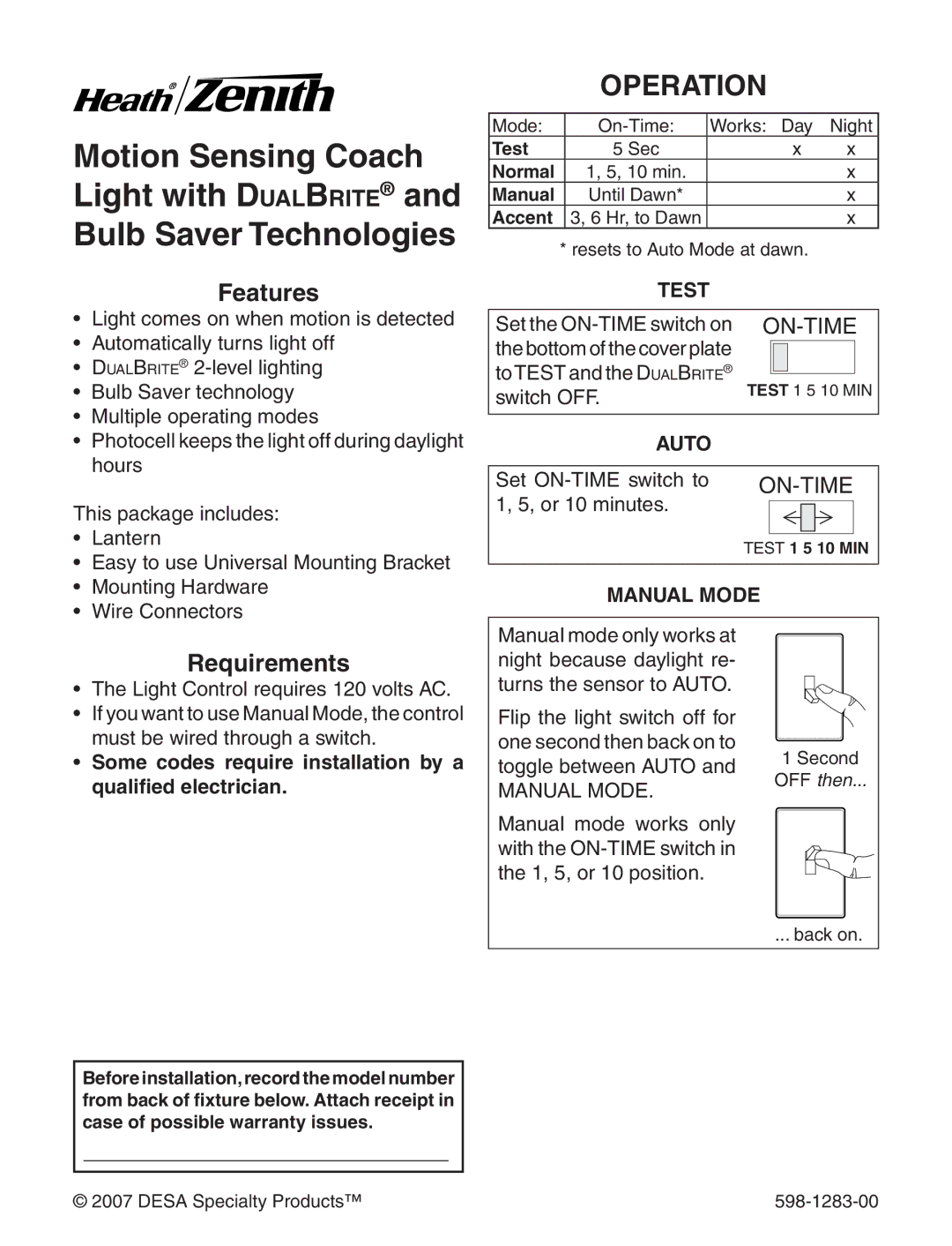 Heath Zenith 598-1283-00 warranty Operation, Some codes require installation by a qualified electrician 