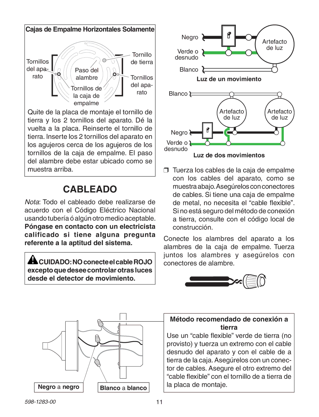 Heath Zenith 598-1283-00 warranty Cableado, Método recomendado de conexión a Tierra 