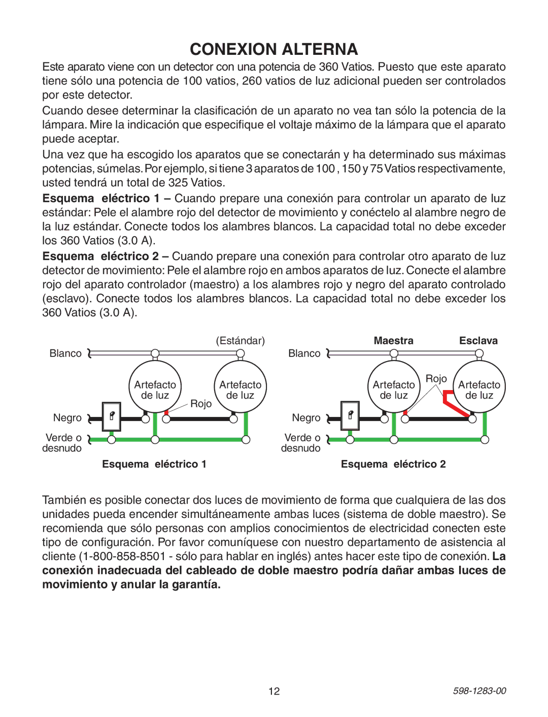 Heath Zenith 598-1283-00 warranty Conexion Alterna, Esquema eléctrico Maestra Esclava 