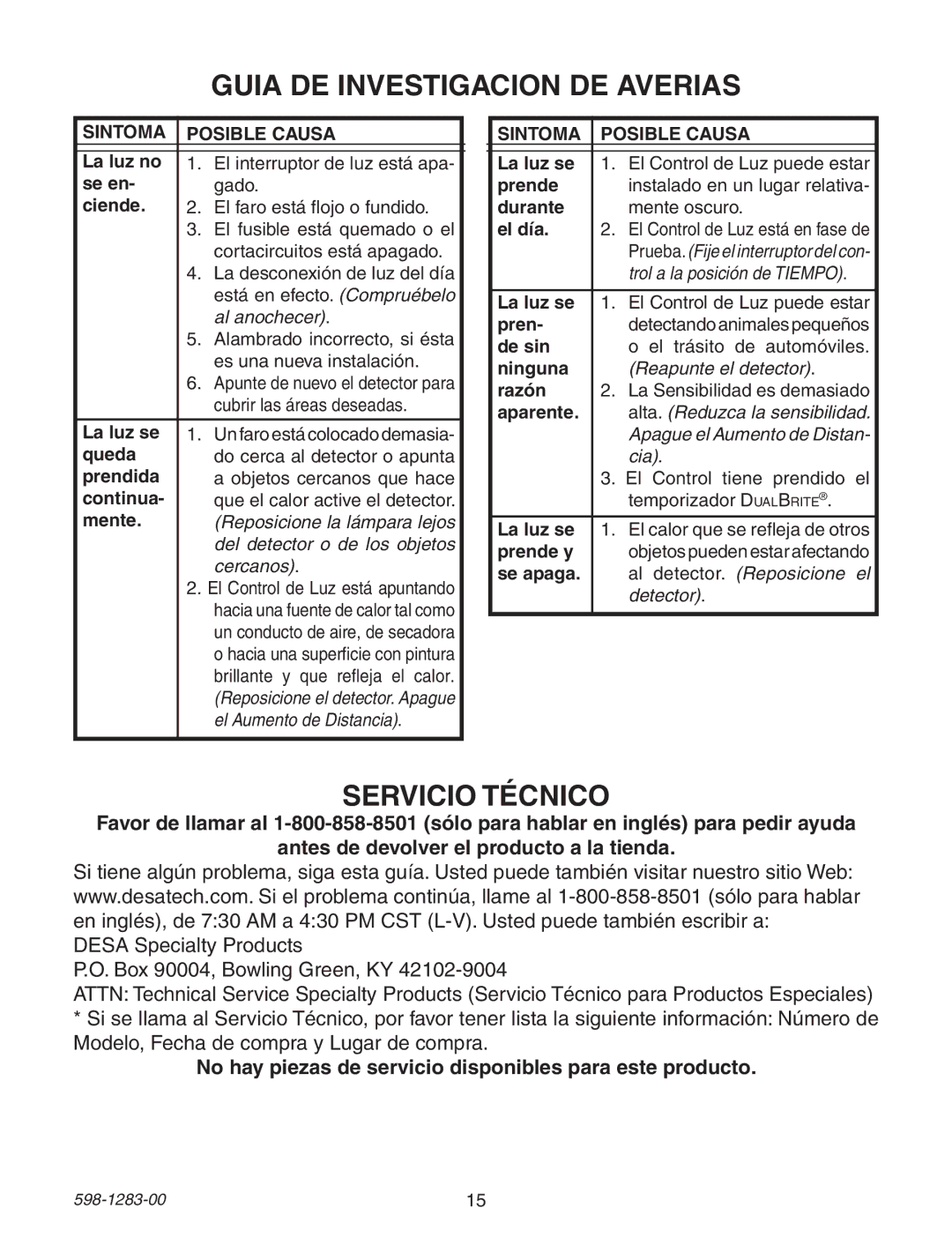 Heath Zenith 598-1283-00 warranty Guia DE Investigacion DE Averias, Servicio Técnico 