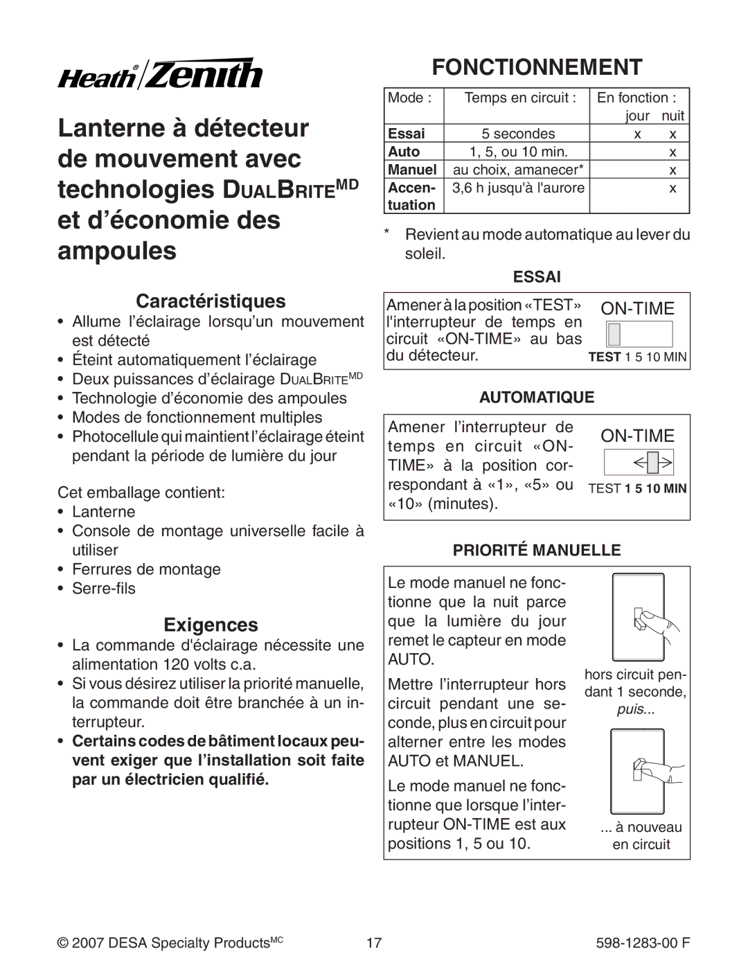 Heath Zenith 598-1283-00 warranty Fonctionnement 