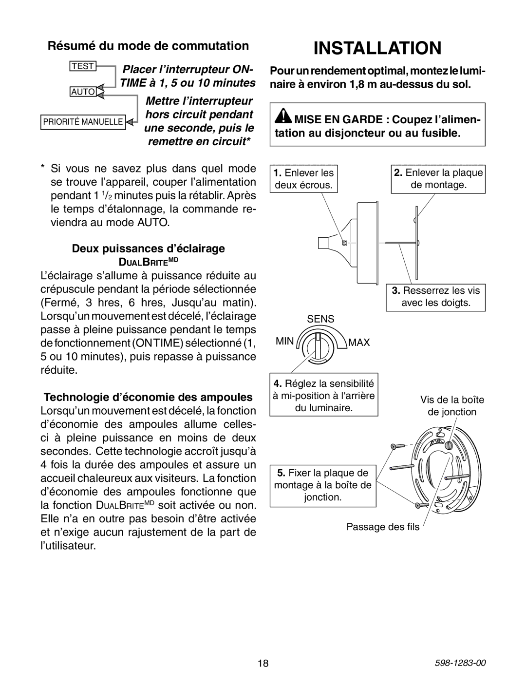 Heath Zenith 598-1283-00 warranty Deux puissances d’éclairage, Technologie d’économie des ampoules 