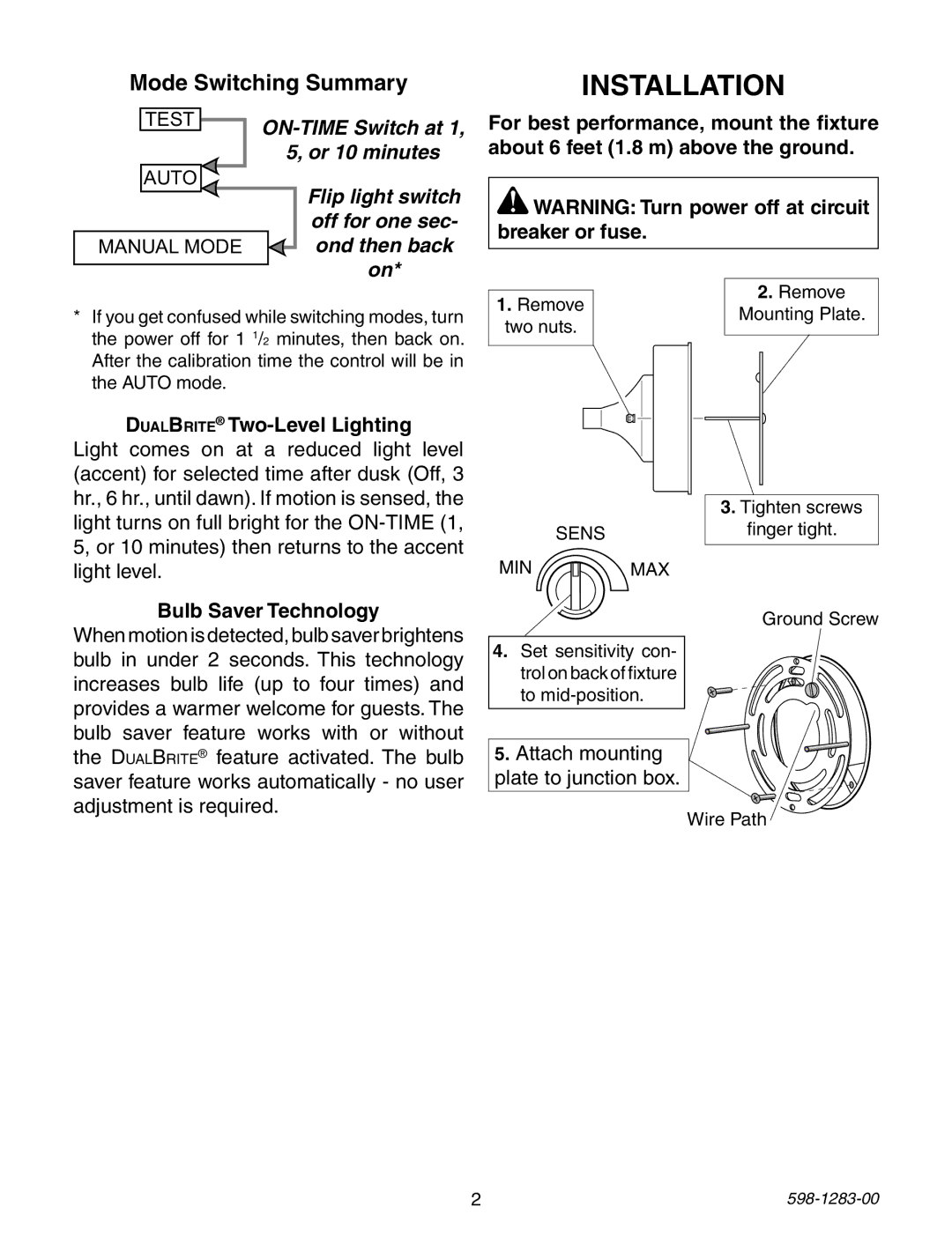 Heath Zenith 598-1283-00 warranty Installation, DualBrite Two-Level Lighting, Bulb Saver Technology 