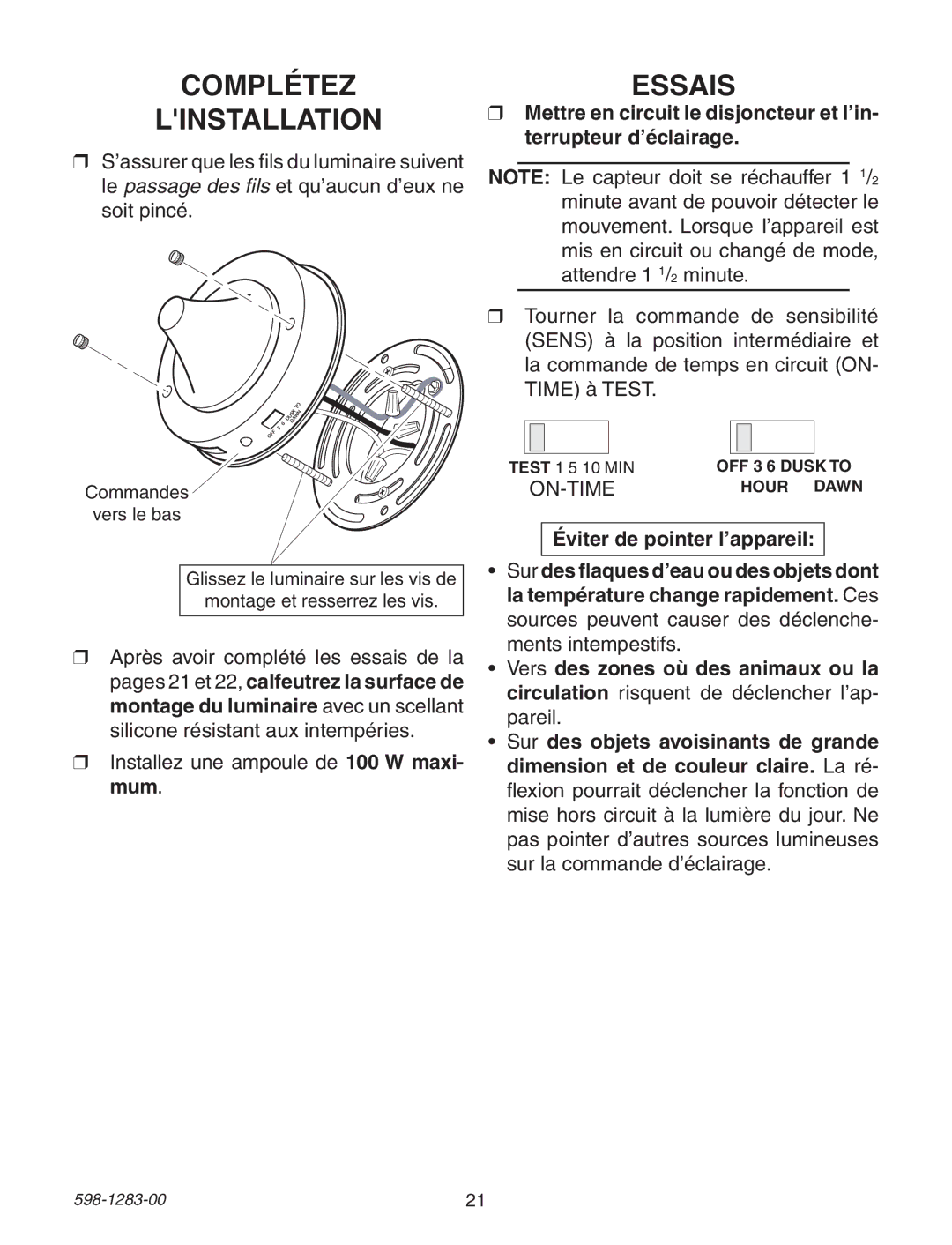 Heath Zenith 598-1283-00 warranty Complétez Linstallation, Essais 