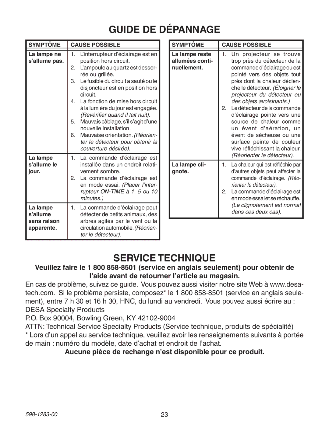 Heath Zenith 598-1283-00 Guide DE Dépannage, Service Technique, Aucune pièce de rechange n’est disponible pour ce produit 