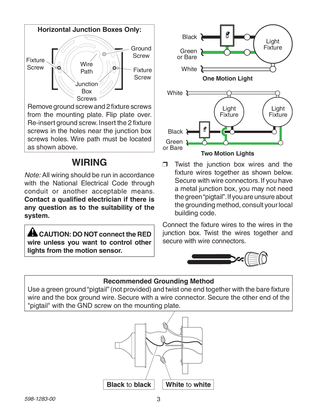 Heath Zenith 598-1283-00 warranty Wiring, Horizontal Junction Boxes Only, Recommended Grounding Method 