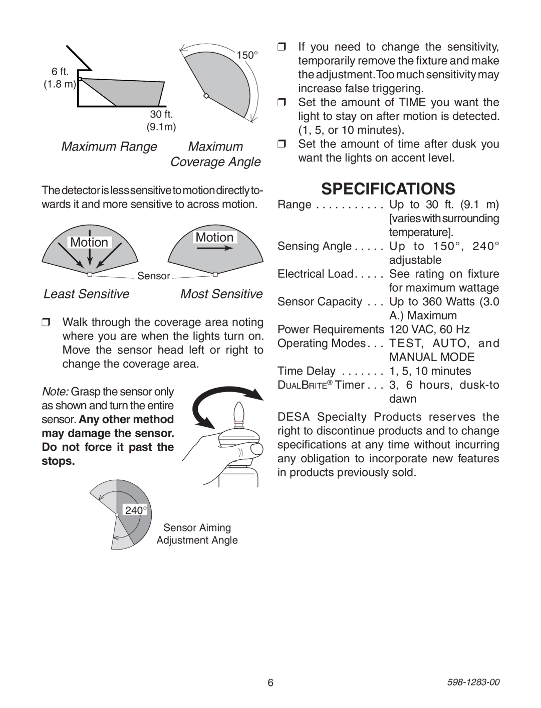 Heath Zenith 598-1283-00 warranty Specifications, Maximum Range 