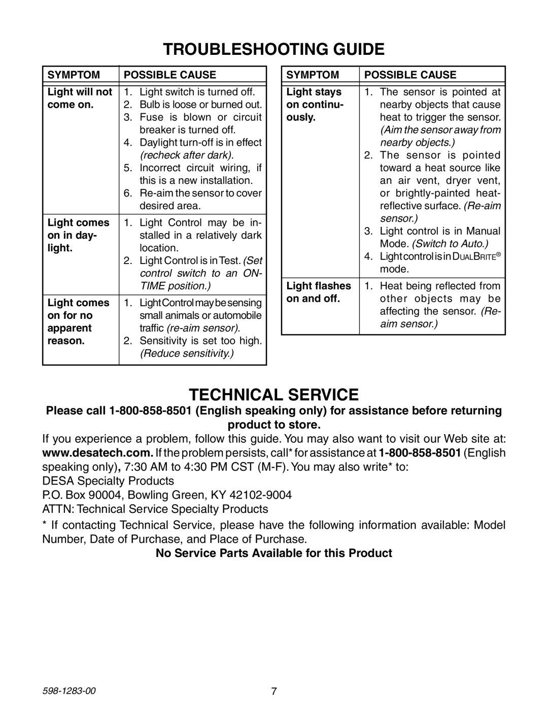 Heath Zenith 598-1283-00 warranty Troubleshooting Guide, No Service Parts Available for this Product 