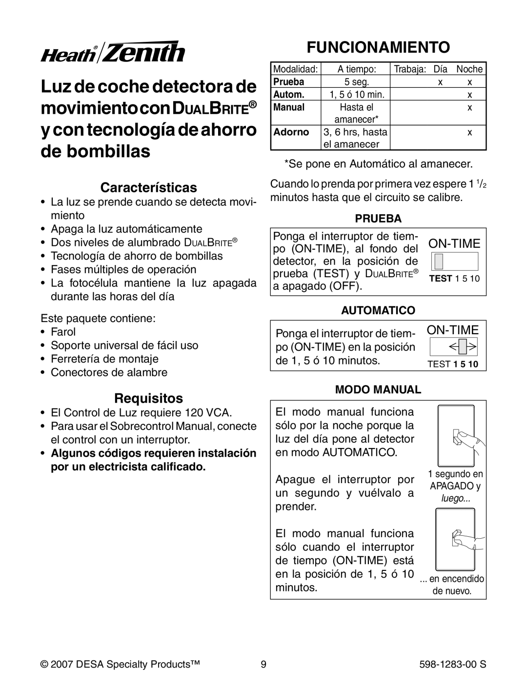 Heath Zenith 598-1283-00 warranty Funcionamiento, Prueba, Autom, Adorno 