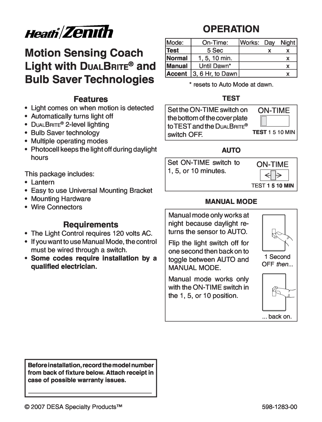 Heath Zenith 598-1283-00 warranty Motion Sensing Coach Light with DualBrite and Bulb Saver Technologies, Operation, Test 