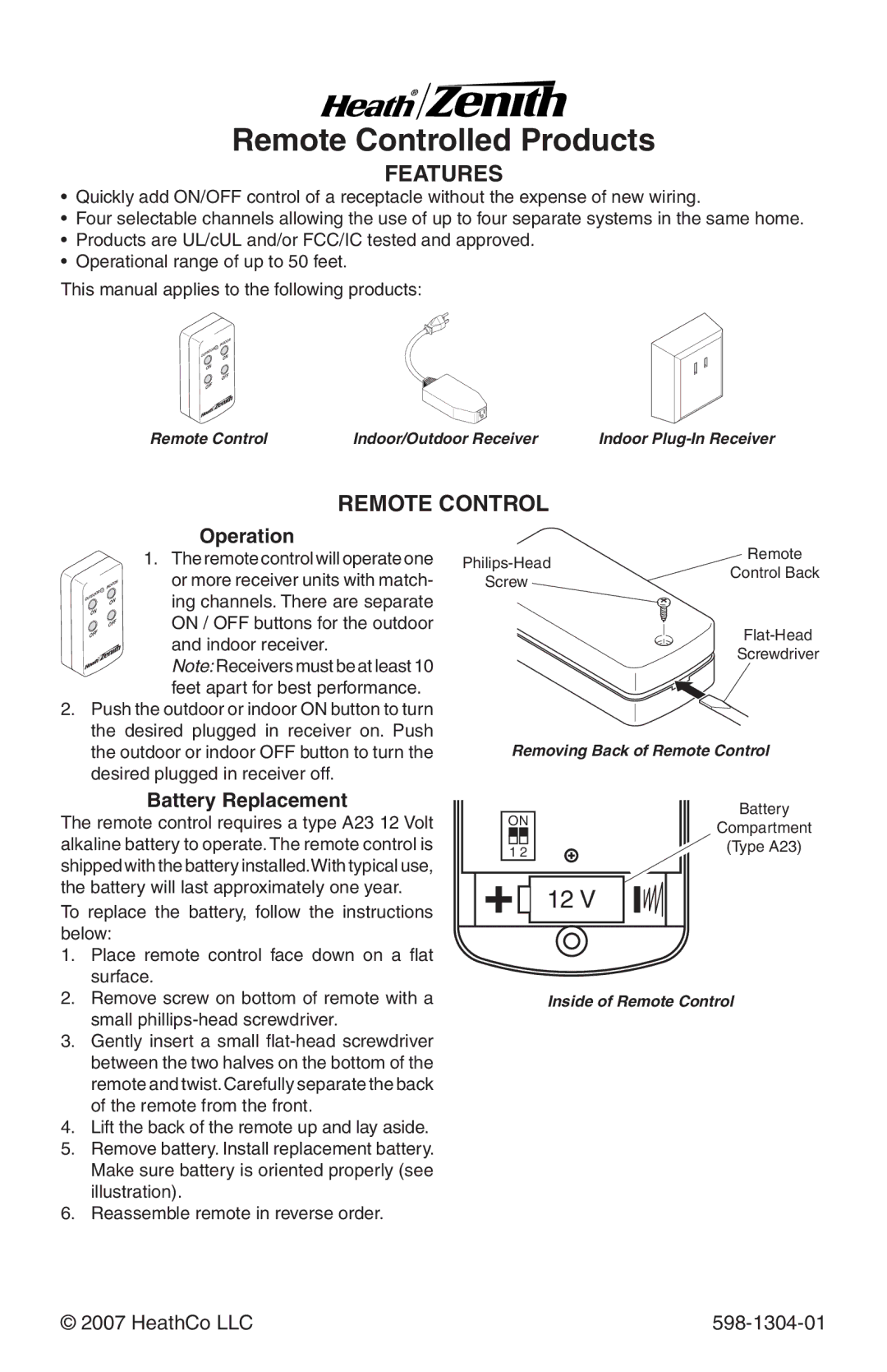 Heath Zenith 598-1304-01 manual Features, Remote Control, Operation, Battery Replacement 