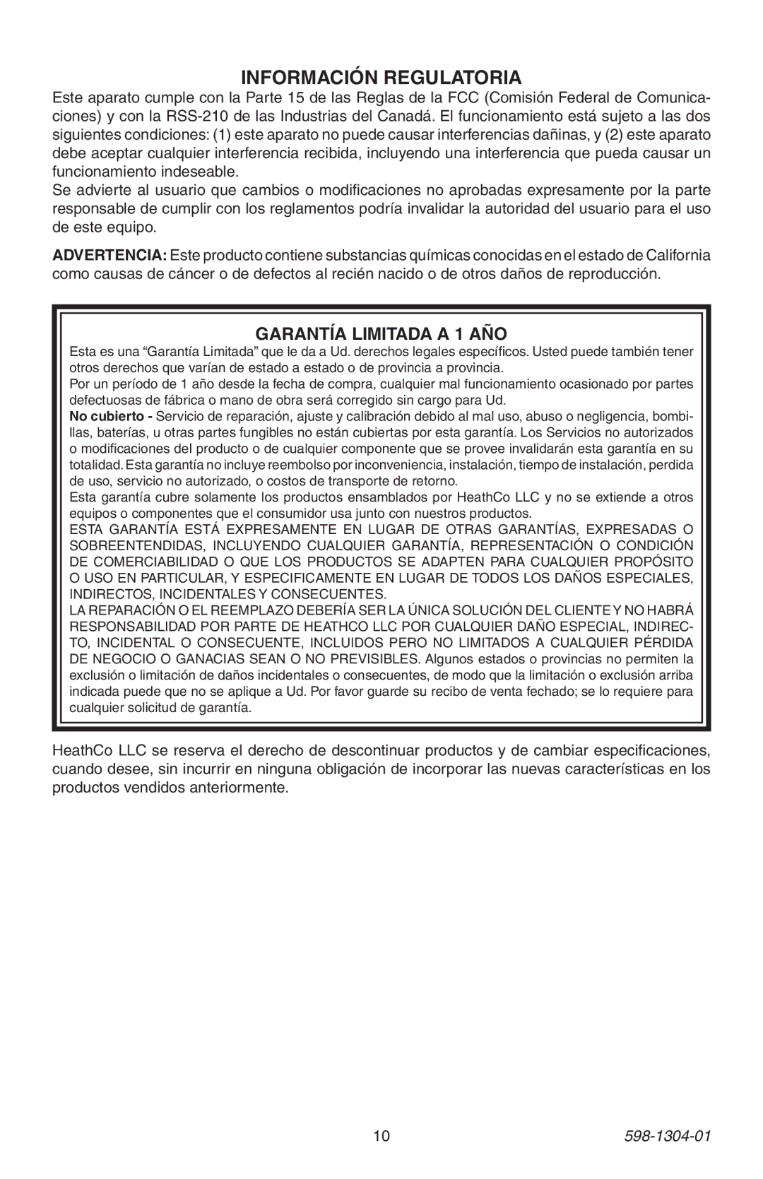 Heath Zenith 598-1304-01 manual Información Regulatoria, Garantía Limitada a 1 AÑO 