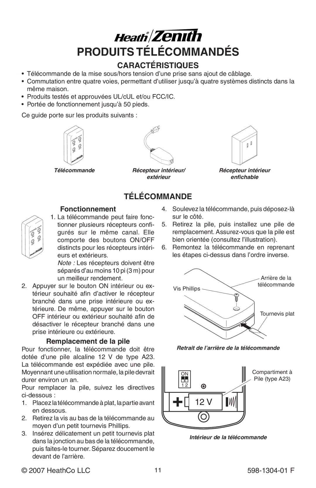 Heath Zenith 598-1304-01 manual Caractéristiques, Télécommande, Fonctionnement, Remplacement de la pile 