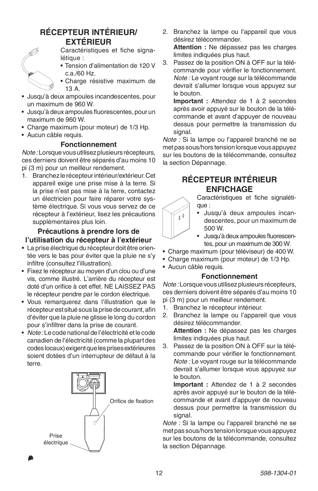 Heath Zenith 598-1304-01 manual Récepteur Intérieur Extérieur, Récepteur Intérieur Enfichage, Signal 