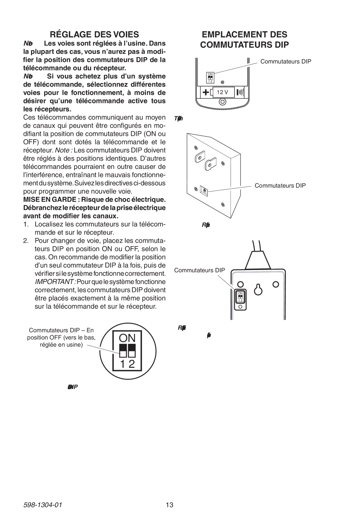 Heath Zenith 598-1304-01 manual Réglage DES Voies, Emplacement DES Commutateurs DIP 