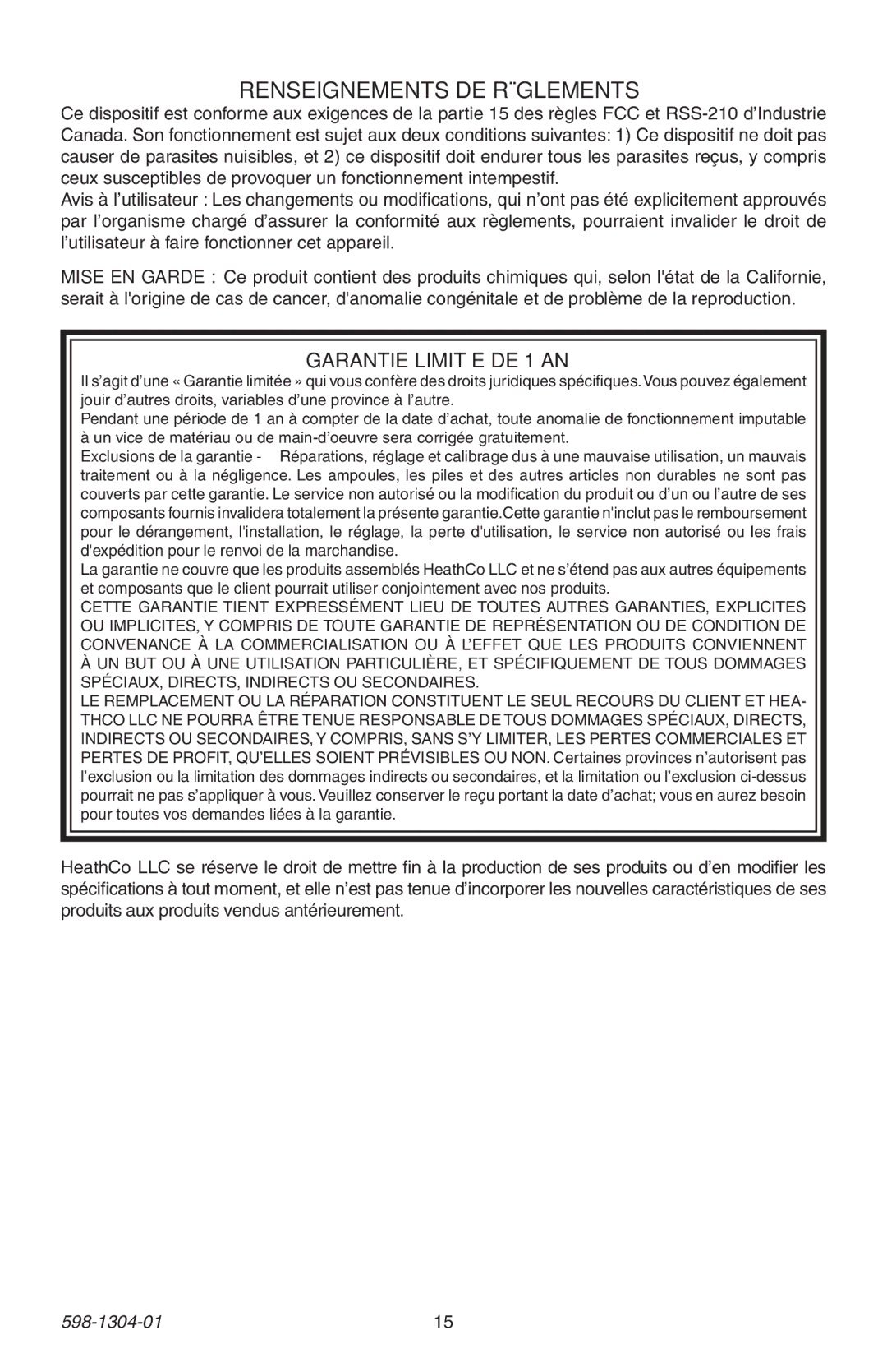 Heath Zenith 598-1304-01 manual Renseignements de règlements, Garantie Limitée DE 1 AN 