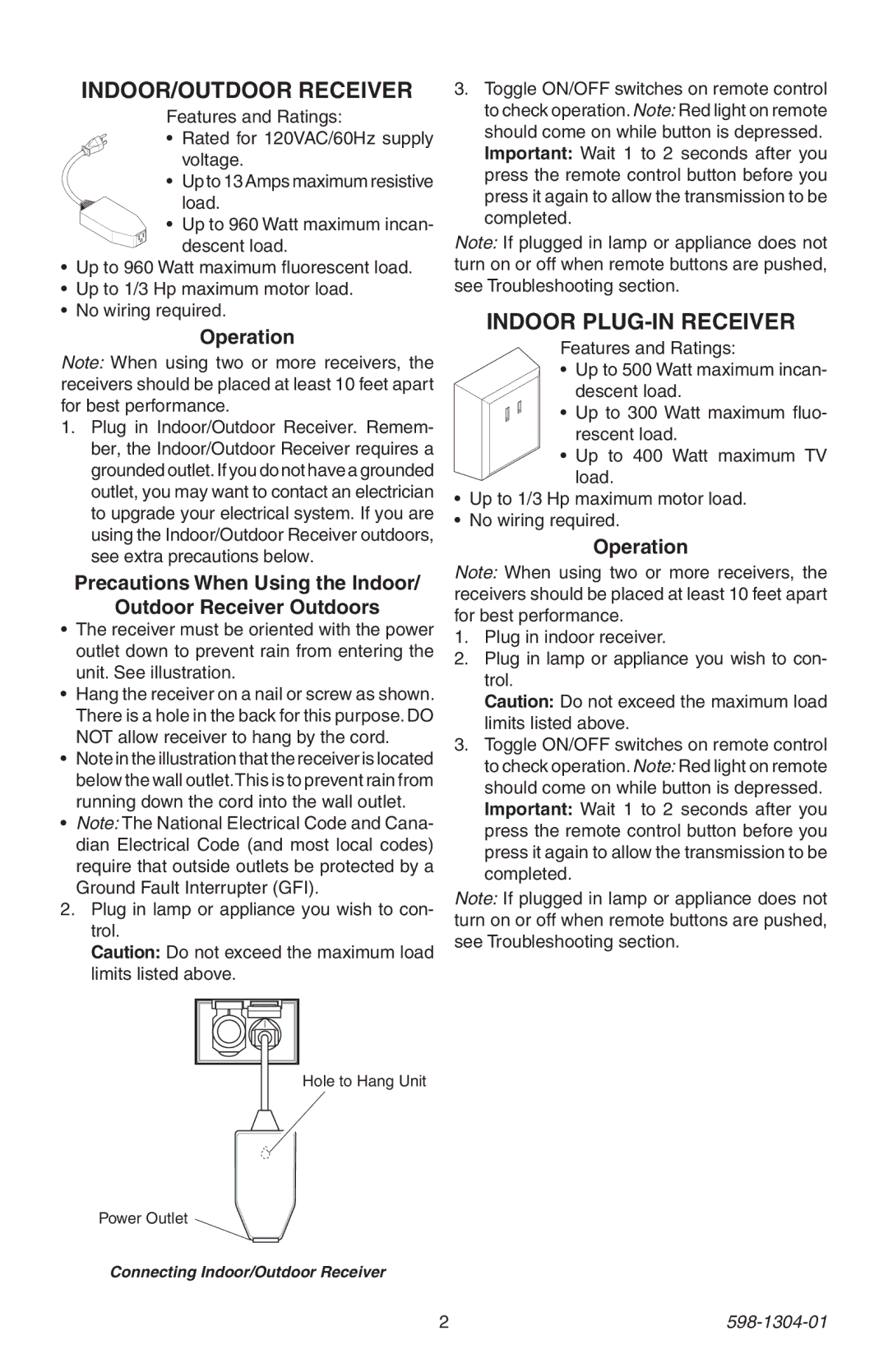 Heath Zenith 598-1304-01 manual Indoor/Outdoor Receiver, Indoor Plug-In Receiver 