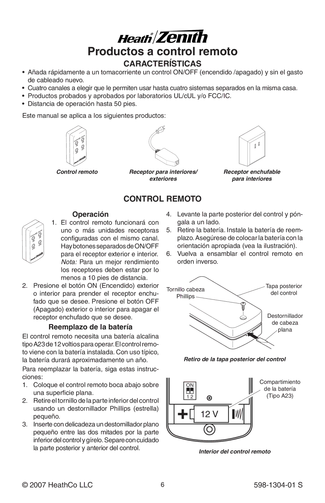 Heath Zenith 598-1304-01 manual Características, Control Remoto, Reemplazo de la batería 