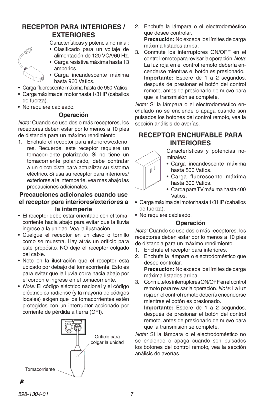 Heath Zenith 598-1304-01 manual Receptor Para Interiores Exteriores, Receptor Enchufable Para Interiores, Operación 