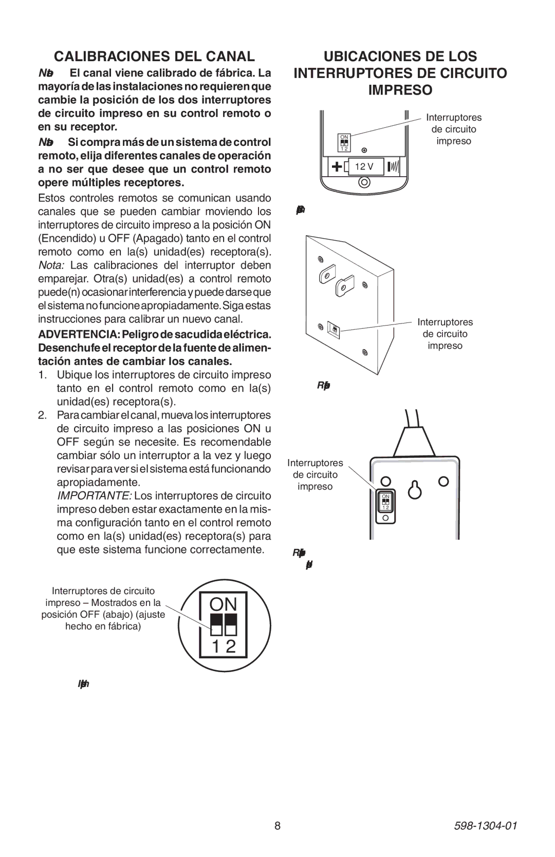 Heath Zenith 598-1304-01 manual Calibraciones DEL Canal, Ubicaciones DE LOS Interruptores DE Circuito Impreso 