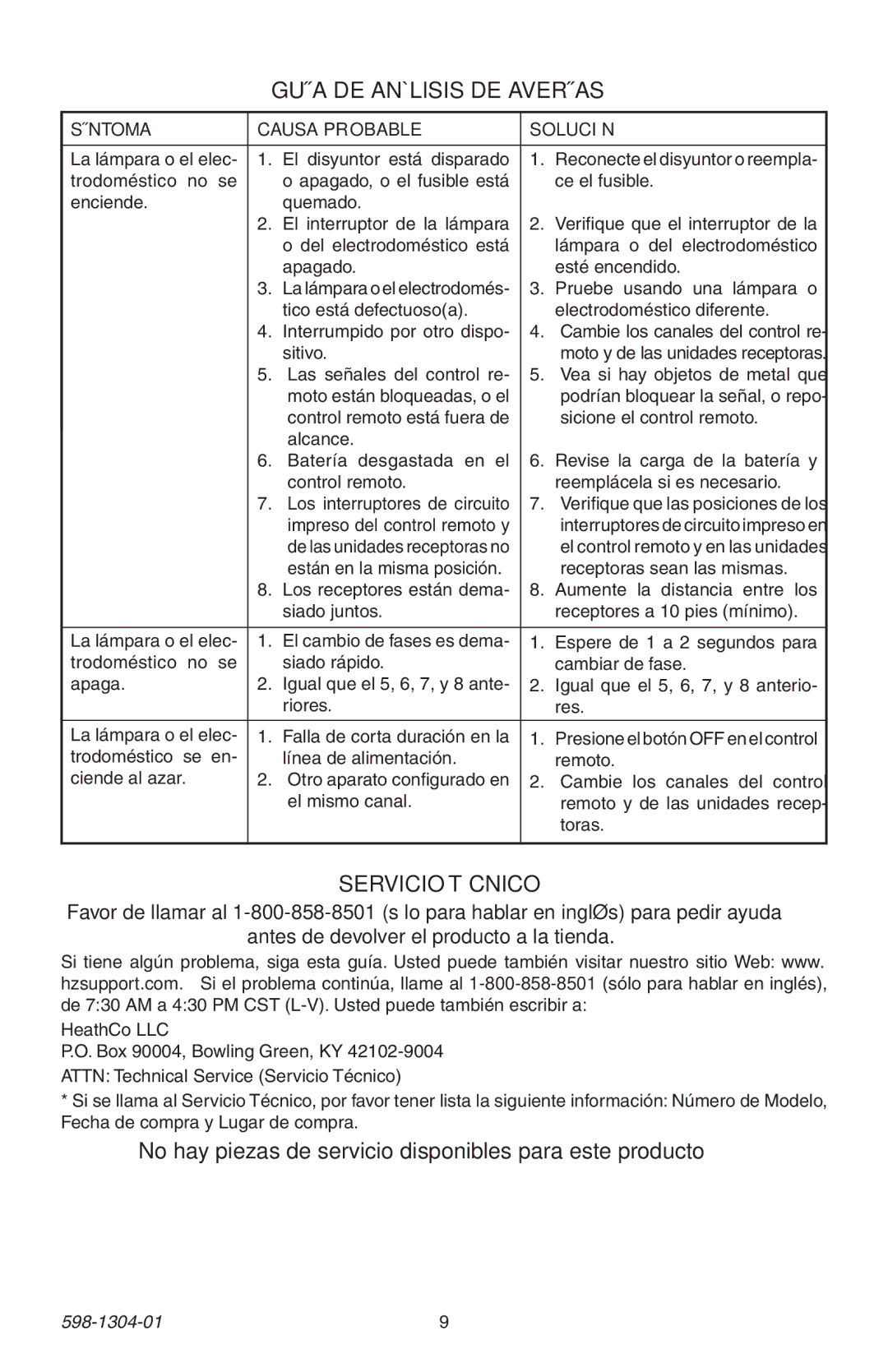 Heath Zenith 598-1304-01 manual Guía DE Análisis DE Averías, Servicio Técnico 