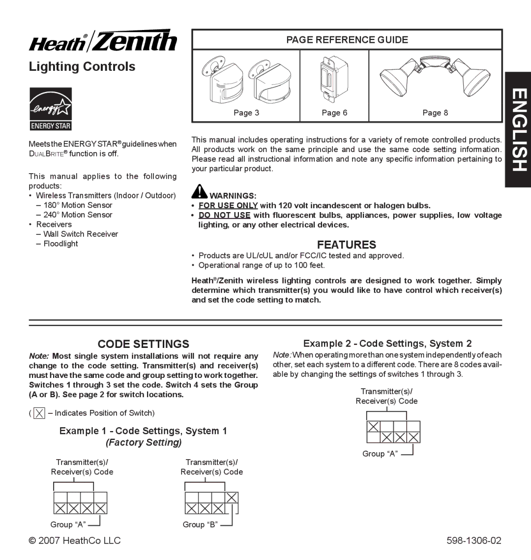 Heath Zenith 598-1306-02 manual Features, Example 1 Code Settings, System, Example 2 Code Settings, System 