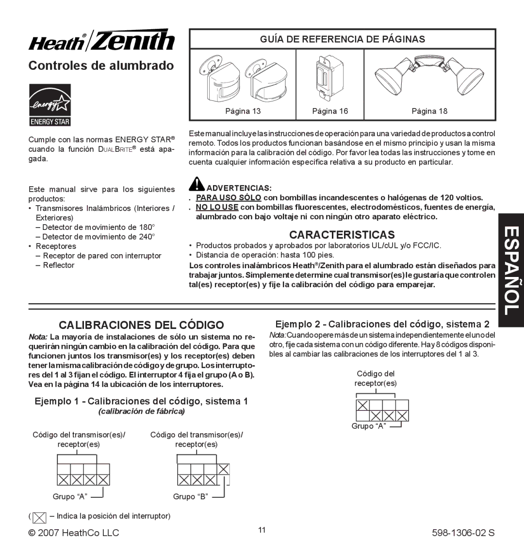 Heath Zenith 598-1306-02 Calibraciones DEL Código, Ejemplo 1 Calibraciones del código, sistema, Calibración de fábrica 