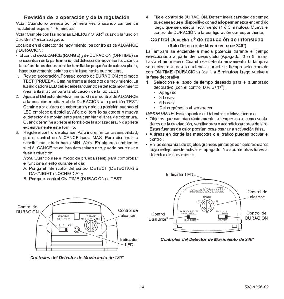 Heath Zenith 598-1306-02 manual Revisión de la operación y de la regulación, Control DualBrite de reducción de intensidad 