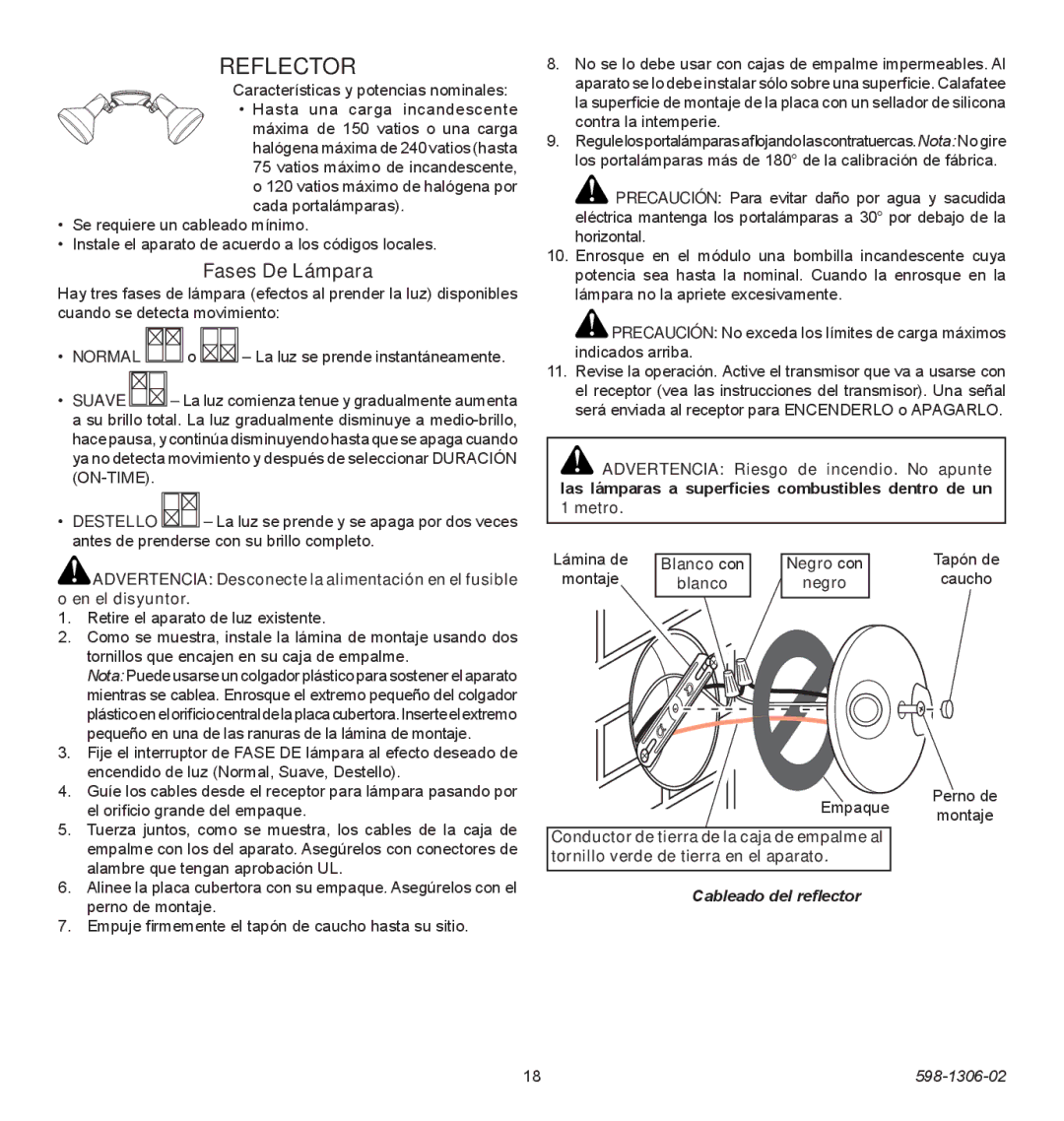 Heath Zenith 598-1306-02 manual Reflector, Fases De Lámpara, Cableado del reflector 