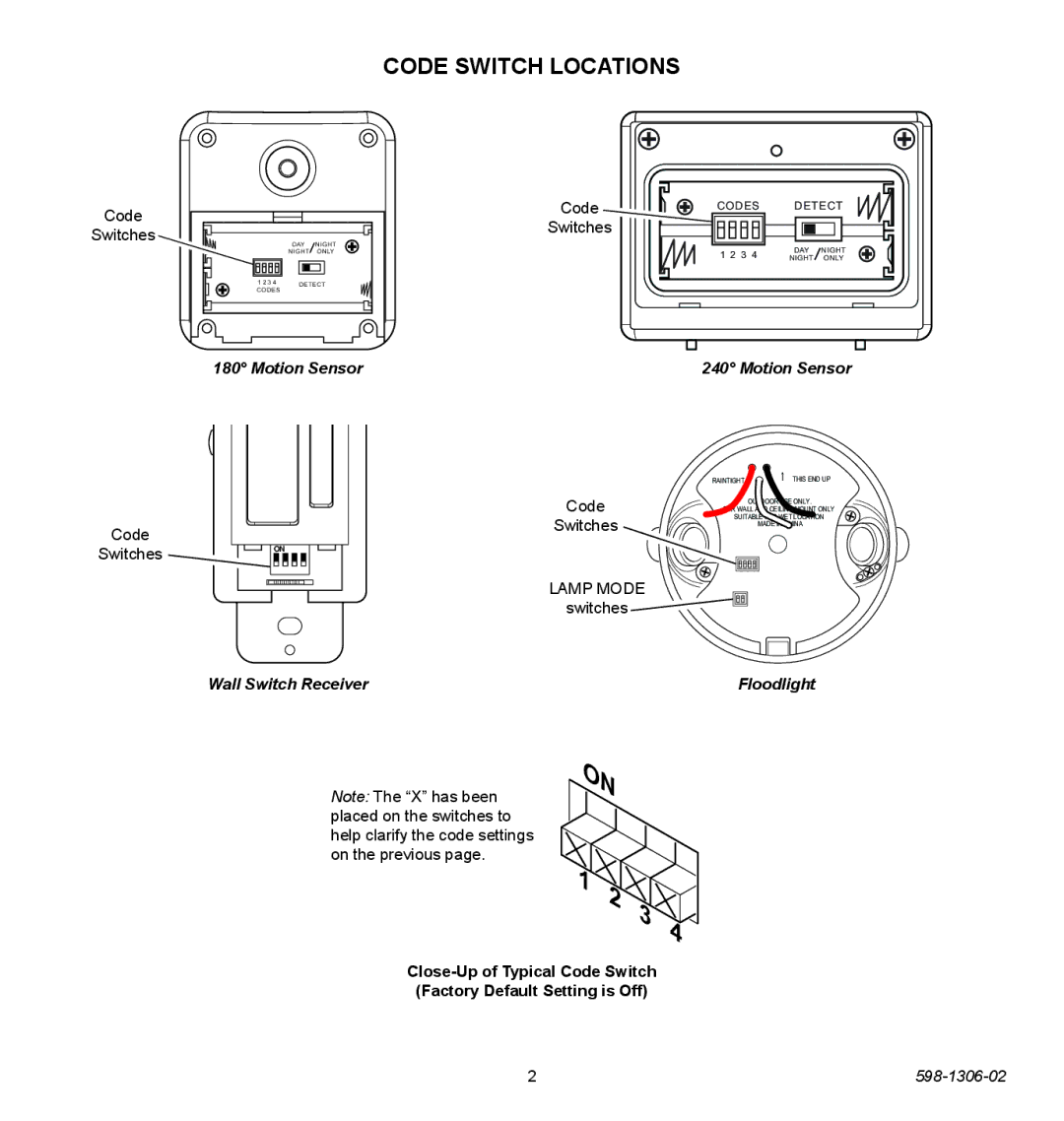 Heath Zenith 598-1306-02 manual Code Switch Locations, Code Switches, Motion Sensor, Wall Switch Receiver Floodlight 