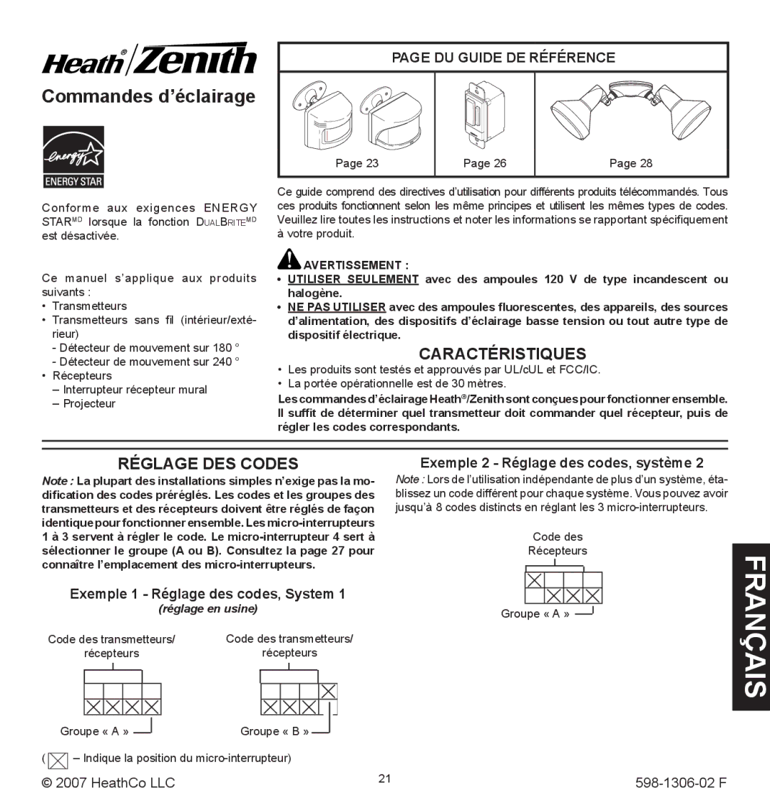 Heath Zenith 598-1306-02 Caractéristiques, Réglage DES Codes, Du guide de référence, Exemple 2 Réglage des codes, système 