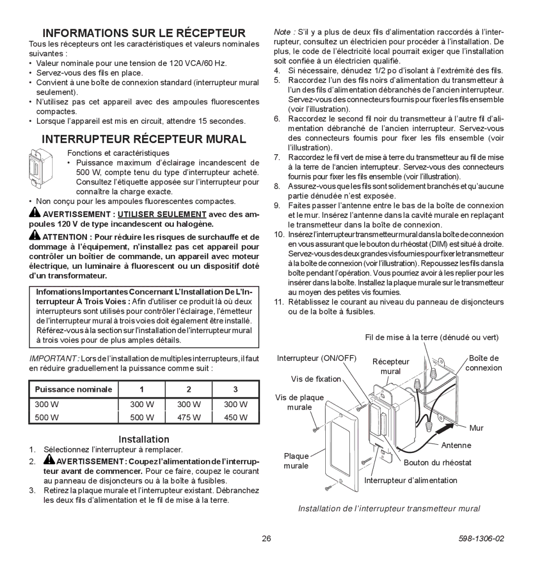 Heath Zenith 598-1306-02 manual Informations SUR LE Récepteur, Interrupteur Récepteur Mural 