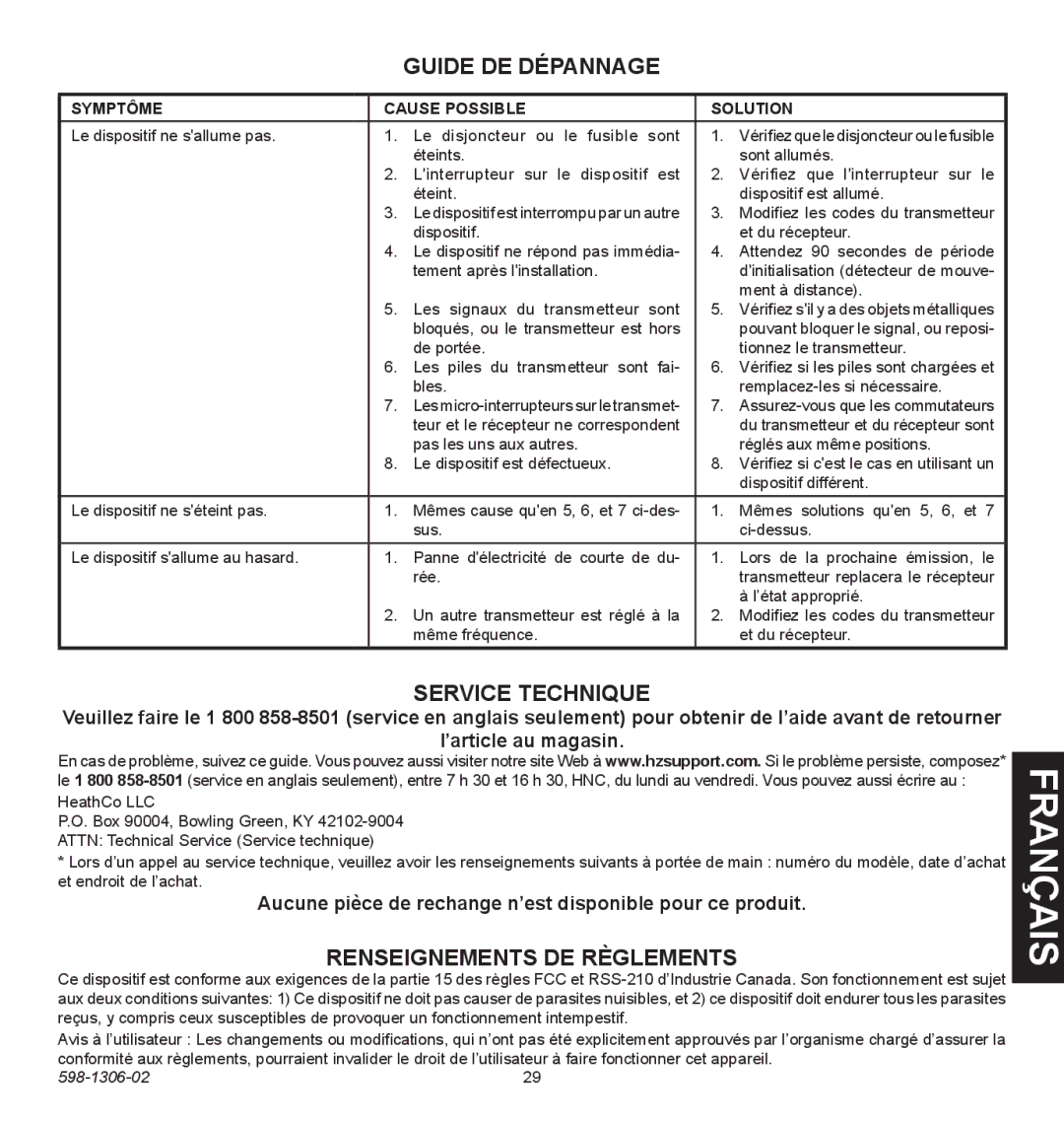 Heath Zenith 598-1306-02 manual Guide DE Dépannage, Service Technique, Renseignements de règlements 