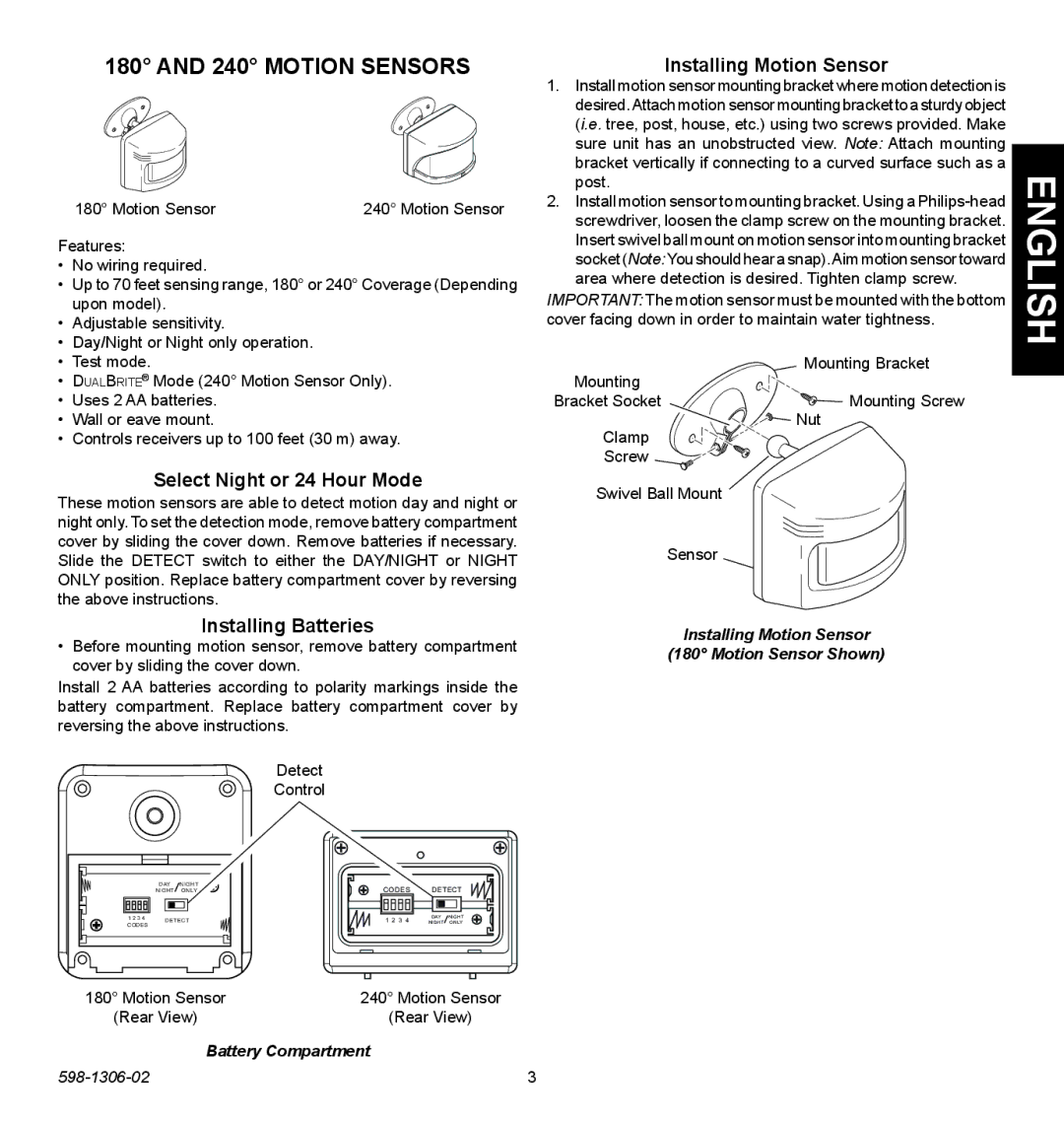 Heath Zenith 598-1306-02 Motion Sensors, Select Night or 24 Hour Mode, Installing Batteries, Installing Motion Sensor 