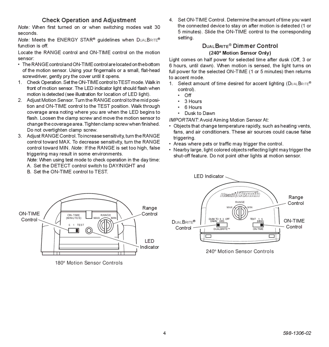 Heath Zenith 598-1306-02 manual Check Operation and Adjustment, DualBrite Dimmer Control, Motion Sensor Controls 