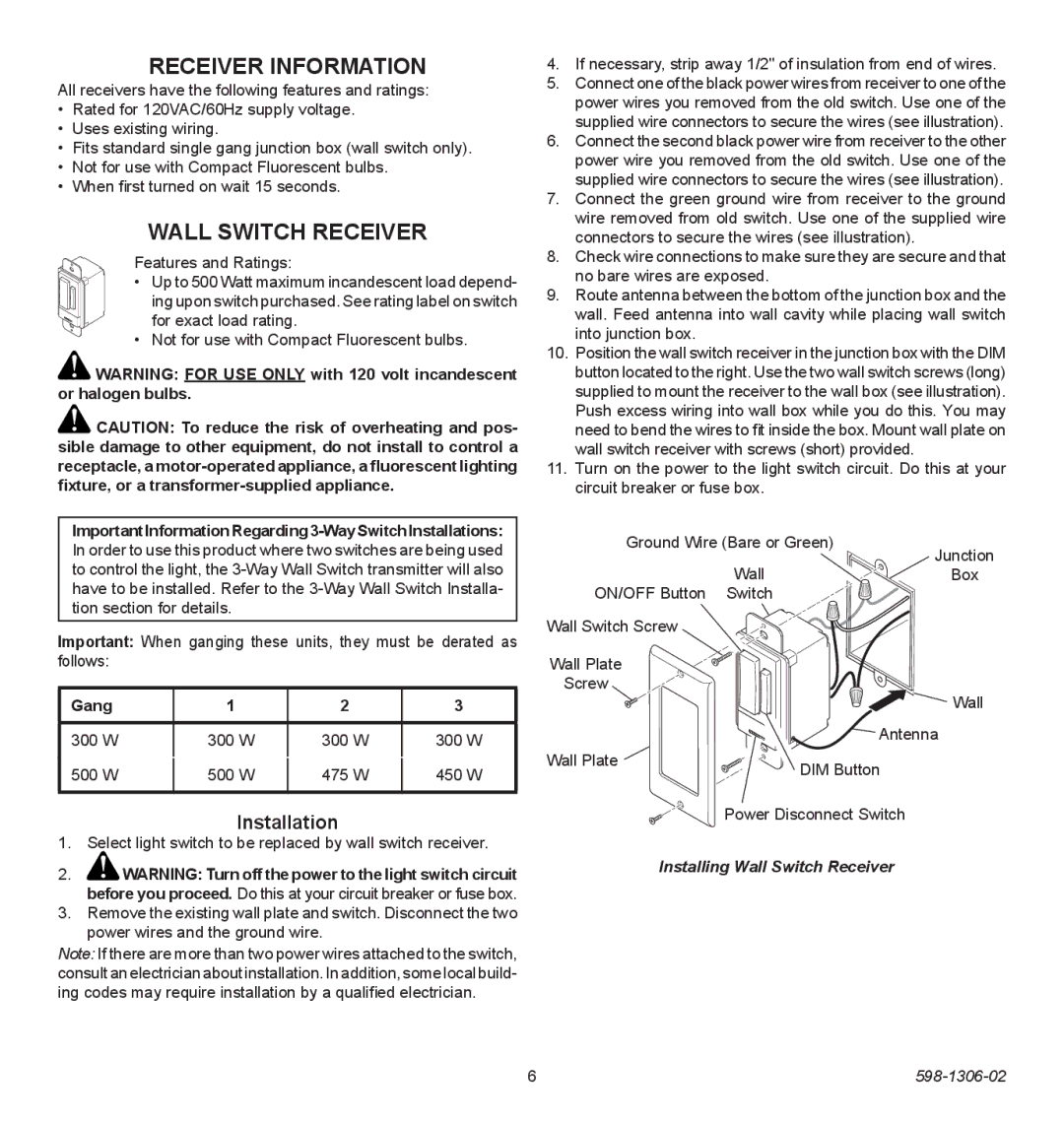 Heath Zenith 598-1306-02 manual Receiver Information, Installation, Installing Wall Switch Receiver 