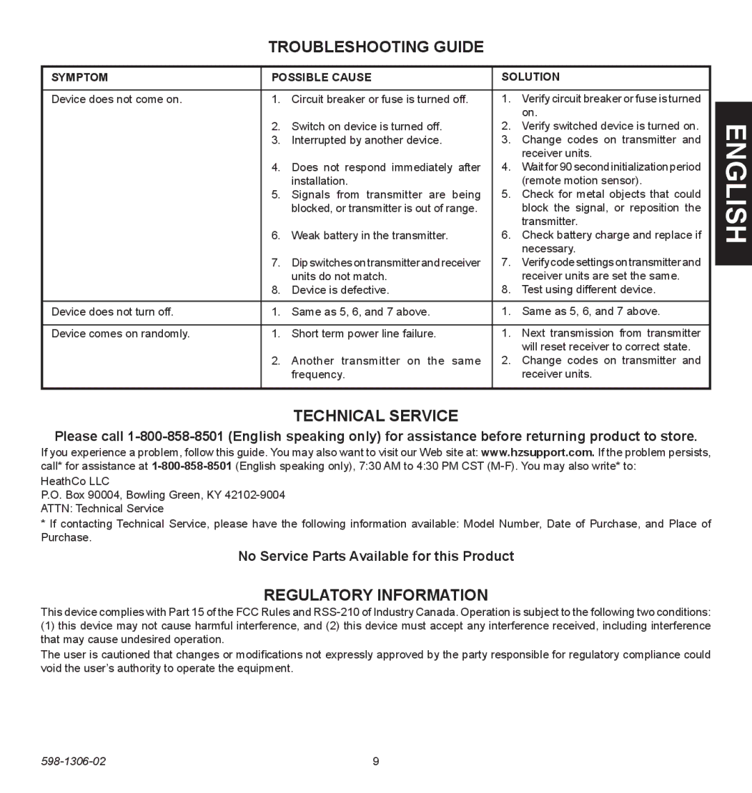 Heath Zenith 598-1306-02 manual Troubleshooting Guide, Technical Service, Regulatory Information 