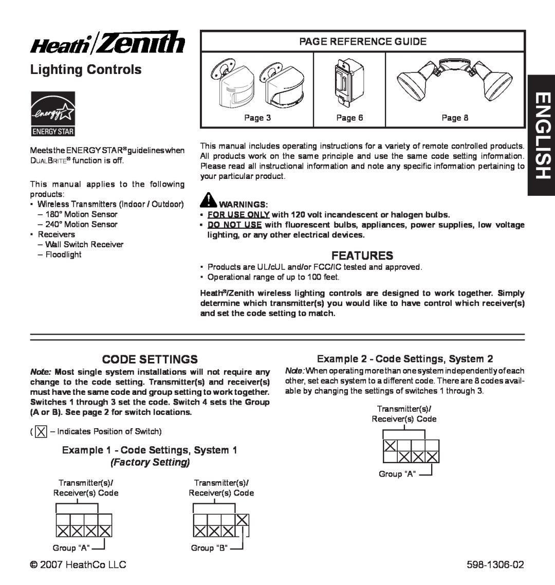 Heath Zenith 598-1306-02 manual English, Lighting Controls, Features, Code Settings, Page Reference Guide, Factory Setting 