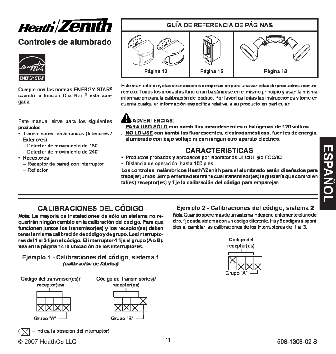 Heath Zenith 598-1306-02 Controles de alumbrado, Calibraciones Del Código, Ejemplo 1 - Calibraciones del código, sistema 