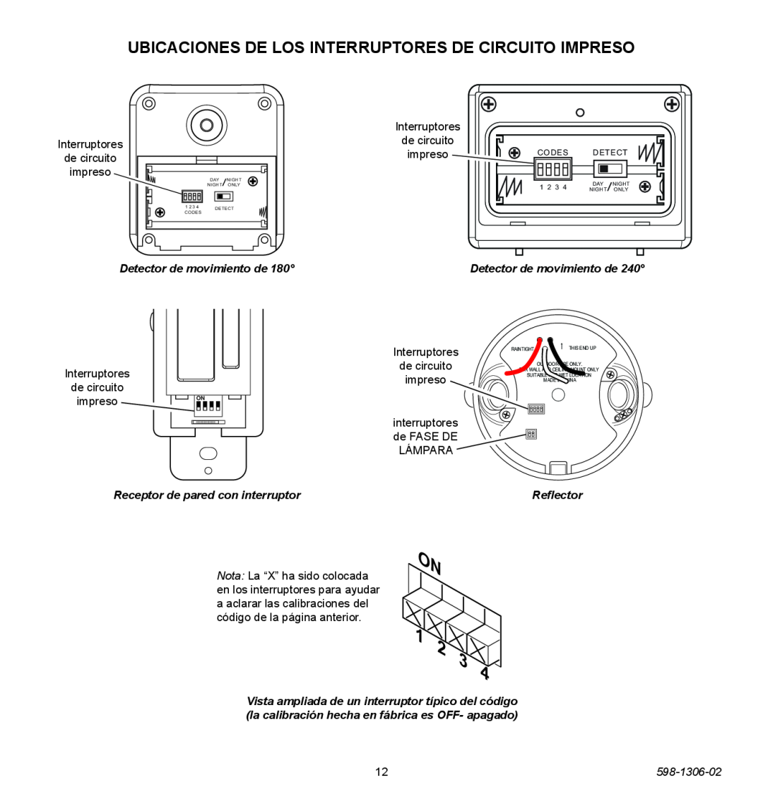 Heath Zenith 598-1306-02 manual Detector de movimiento de, Receptor de pared con interruptor, Reflector, Codes, 1 2 3 