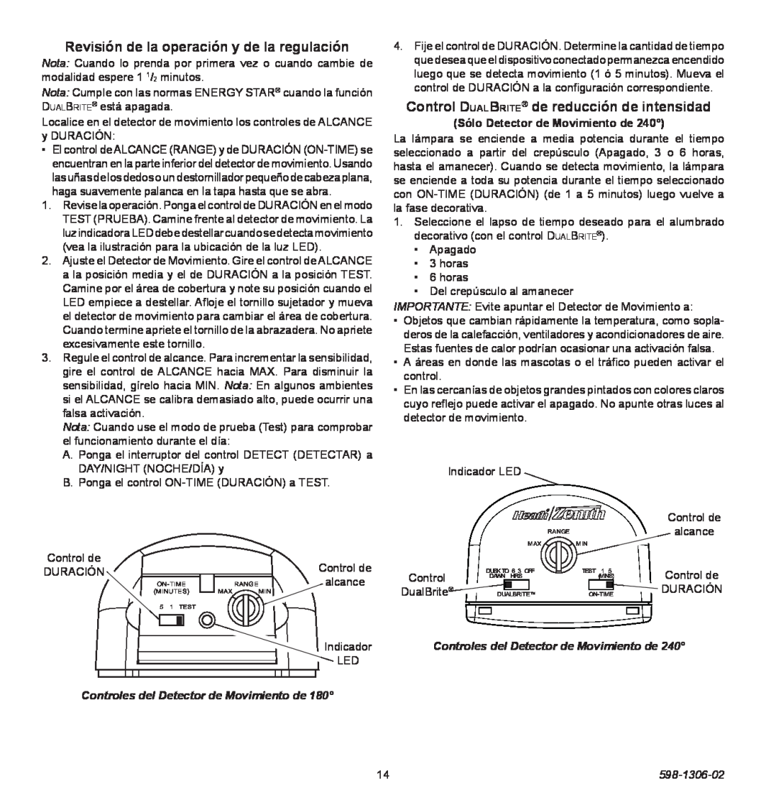 Heath Zenith 598-1306-02 manual Revisión de la operación y de la regulación, Control DualBrite de reducción de intensidad 