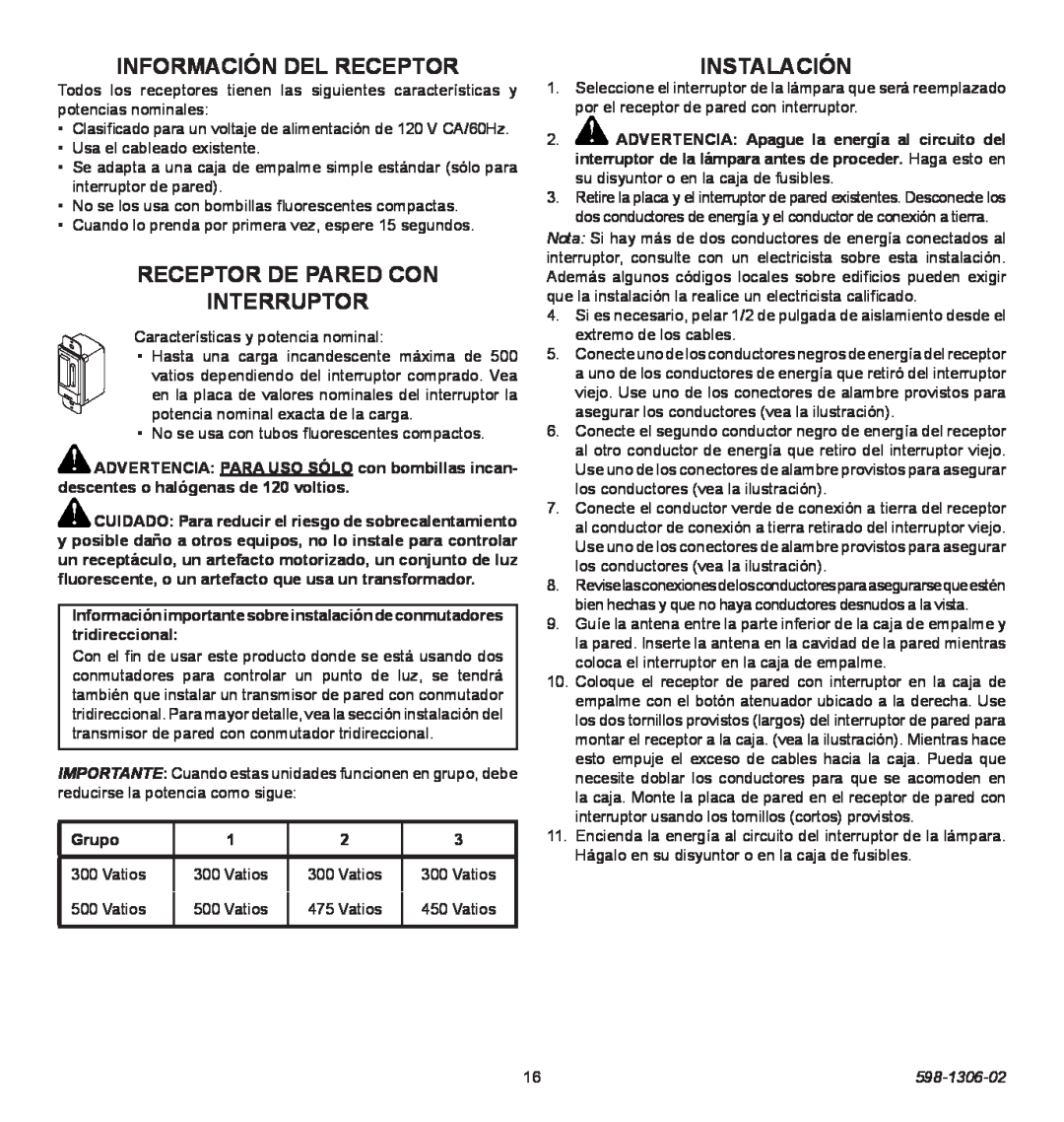 Heath Zenith 598-1306-02 manual Información Del Receptor, Receptor De Pared Con Interruptor, Instalación, Grupo 