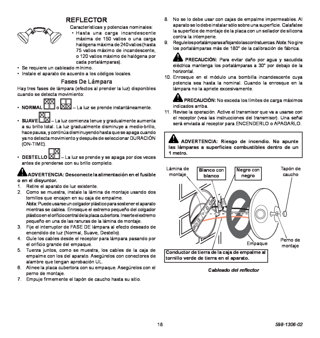 Heath Zenith 598-1306-02 manual Reflector, Fases De Lámpara, Cableado del reflector 