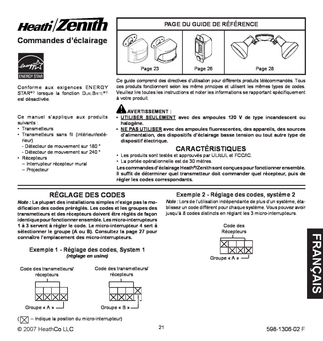 Heath Zenith manual is nça fra, Commandes d’éclairage, Caractéristiques, Réglage Des Codes, HeathCo LLC, 598-1306-02F 