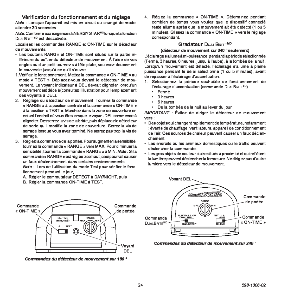 Heath Zenith 598-1306-02 manual Vérification du fonctionnement et du réglage, Gradateur DualBriteMD 
