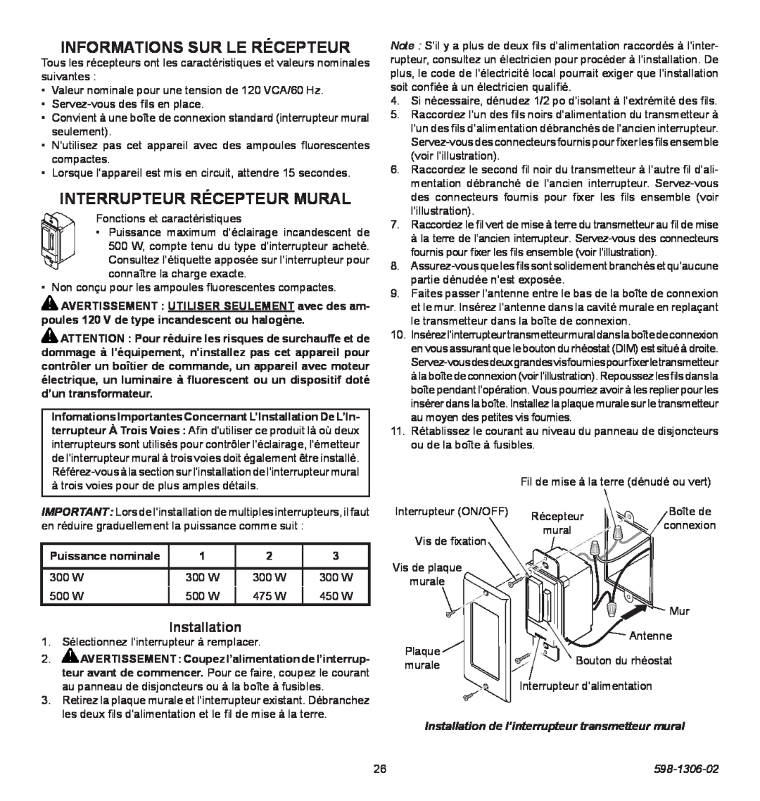 Heath Zenith 598-1306-02 manual Informations Sur Le Récepteur, Interrupteur Récepteur Mural, Installation 